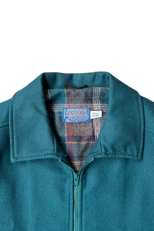 MADE IN USA 70-80'S ZIP WOOL JACKET W/CHECK LINER / GREEN [SIZE: L USED]