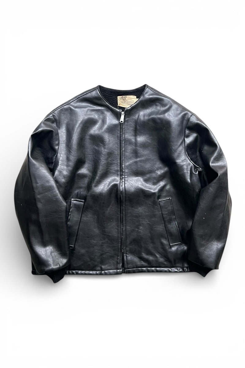 MADE IN USA 70'S NO COLLAR VEGAN LEATHER JACKET / BLACK [SIZE: XL USED]