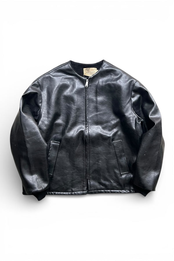 MADE IN USA 70'S NO COLLAR VEGAN LEATHER JACKET / BLACK [SIZE: XL USED]