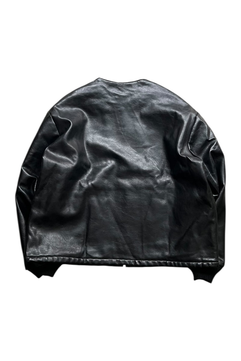 MADE IN USA 70'S NO COLLAR VEGAN LEATHER JACKET / BLACK [SIZE: XL USED]