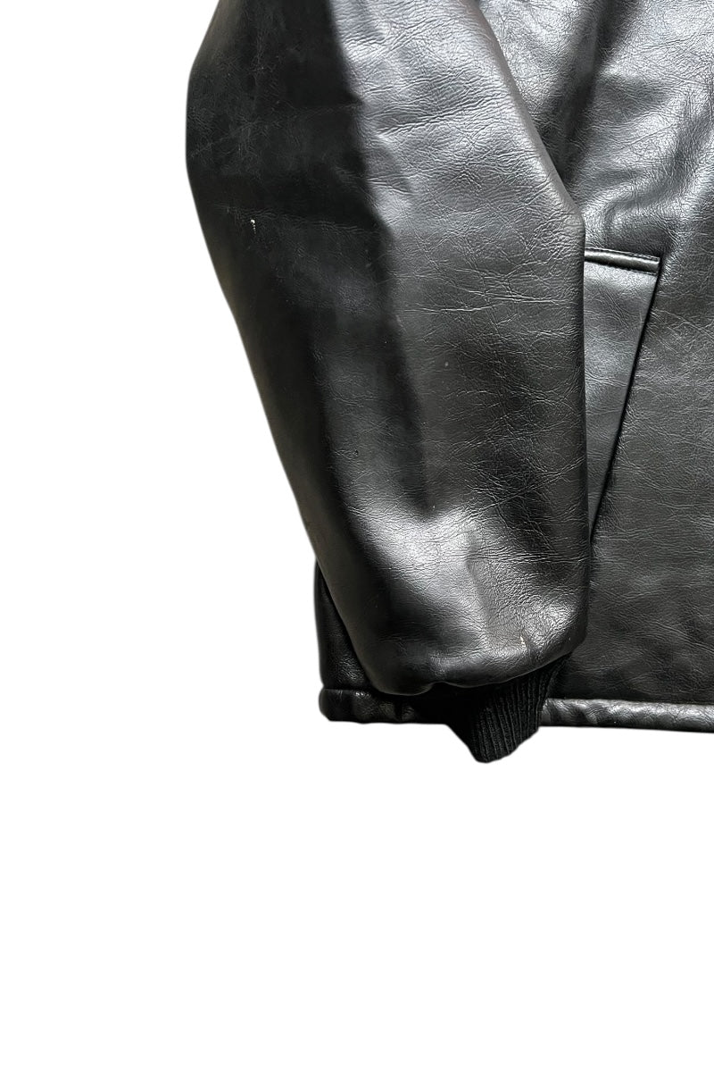 MADE IN USA 70'S NO COLLAR VEGAN LEATHER JACKET / BLACK [SIZE: XL USED]