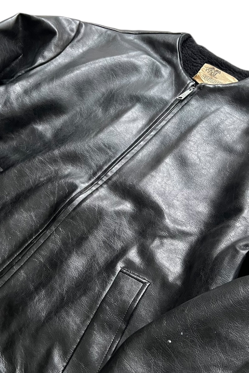 MADE IN USA 70'S NO COLLAR VEGAN LEATHER JACKET / BLACK [SIZE: XL USED]