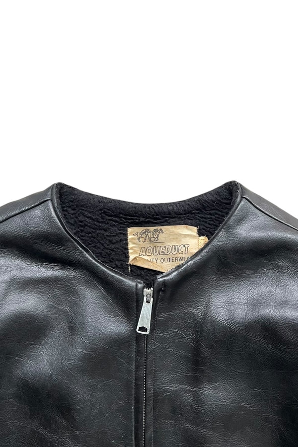 MADE IN USA 70'S NO COLLAR VEGAN LEATHER JACKET / BLACK [SIZE: XL USED]
