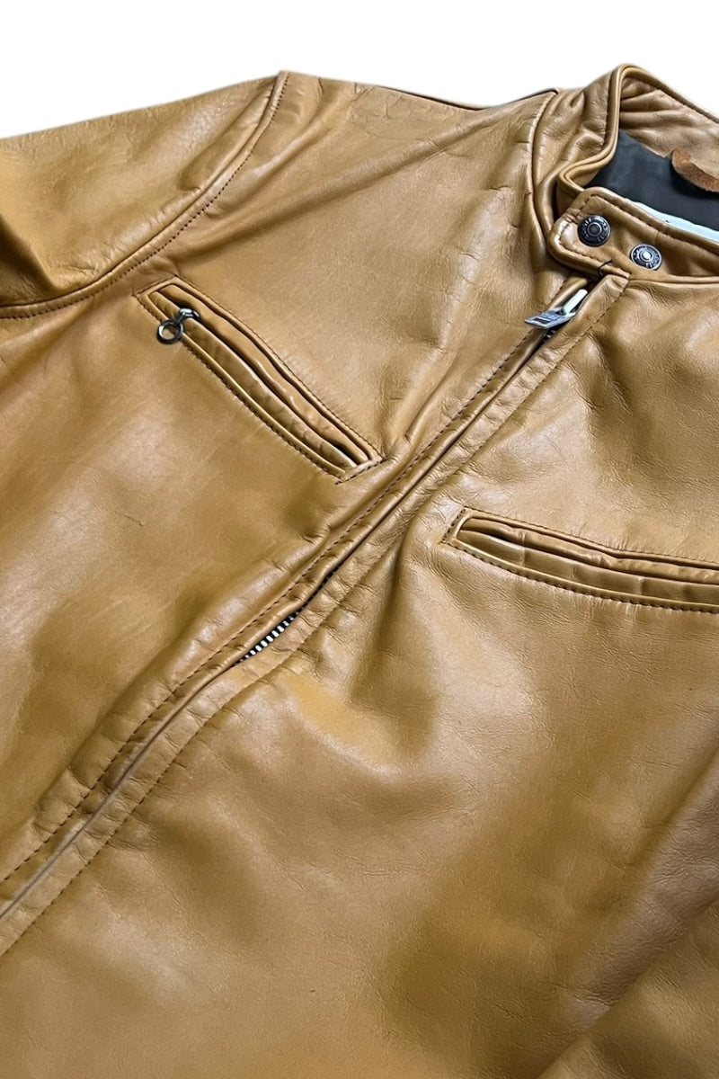 MADE IN USA 70'S ZIP LEATHER SINGLE RIDERS JACKET MUSTARD / YELLOW [SIZE: 40 USED]