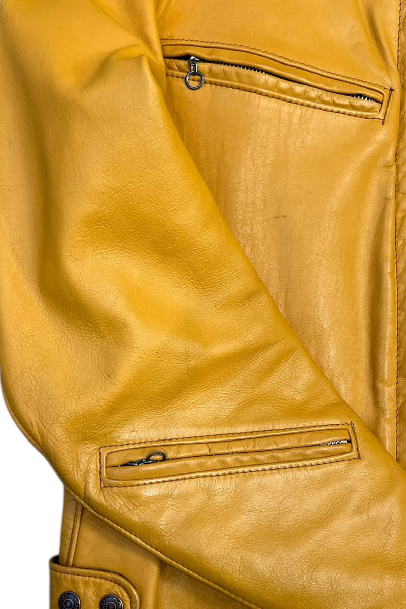 MADE IN USA 70'S ZIP LEATHER SINGLE RIDERS JACKET MUSTARD / YELLOW [SIZE: 40 USED]
