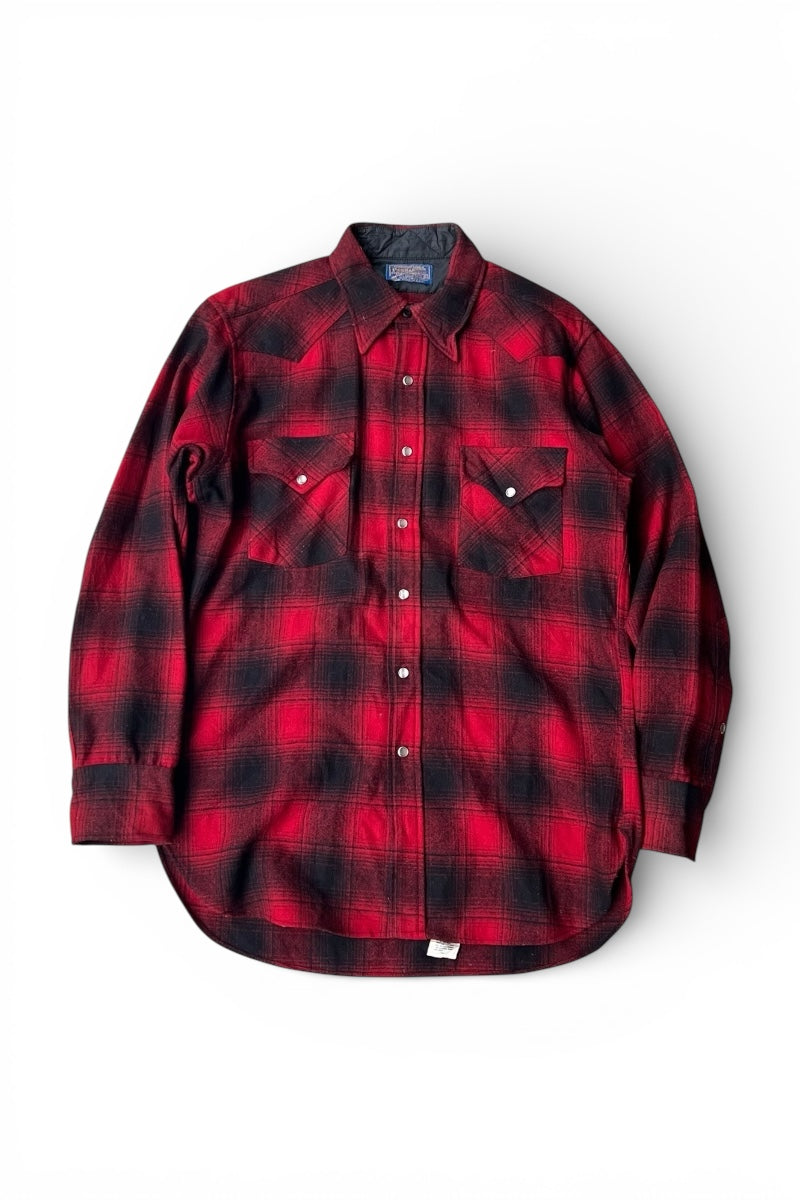 MADE IN USA 70-80'S L/S WOOL OMBRE CHECK WESTERN SHIRT / RED [SIZE: M USED]