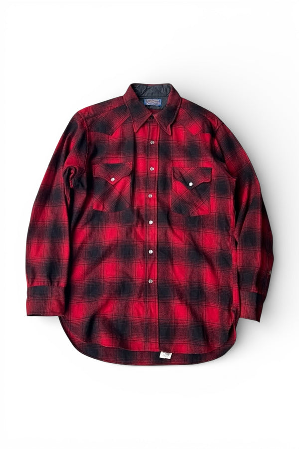 MADE IN USA 70-80'S L/S WOOL OMBRE CHECK WESTERN SHIRT / RED [SIZE: M USED]