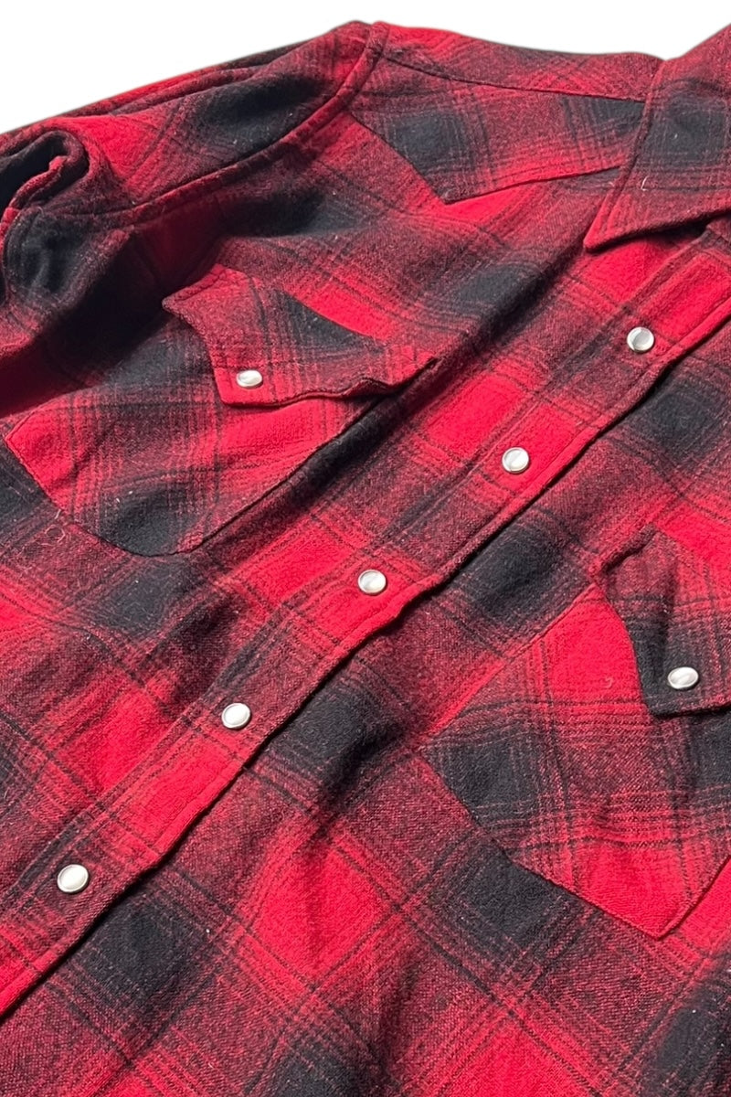 MADE IN USA 70-80'S L/S WOOL OMBRE CHECK WESTERN SHIRT / RED [SIZE: M USED]
