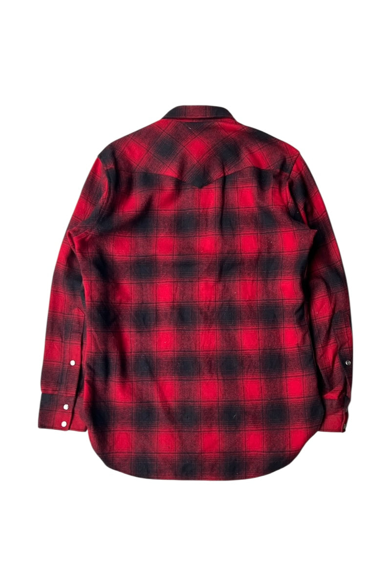 MADE IN USA 70-80'S L/S WOOL OMBRE CHECK WESTERN SHIRT / RED [SIZE: M USED]