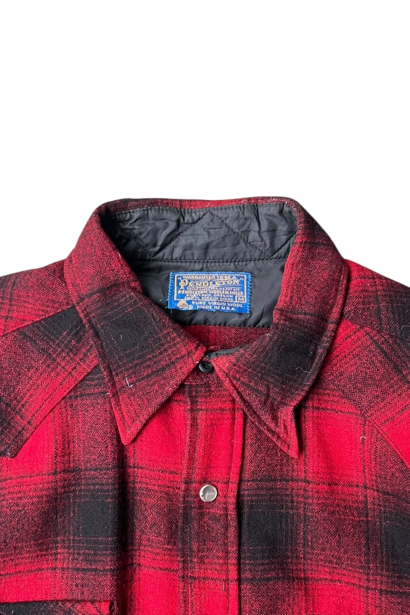 MADE IN USA 70-80'S L/S WOOL OMBRE CHECK WESTERN SHIRT / RED [SIZE: M USED]