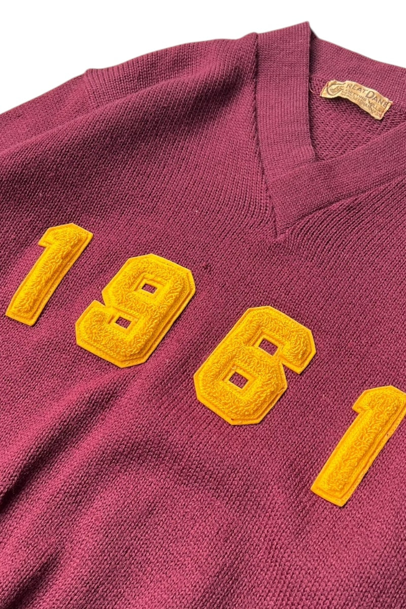 MADE IN USA 61'S WOOL V-NECK KNIT SWEATER / BURGUNDY [SIZE: M USED]