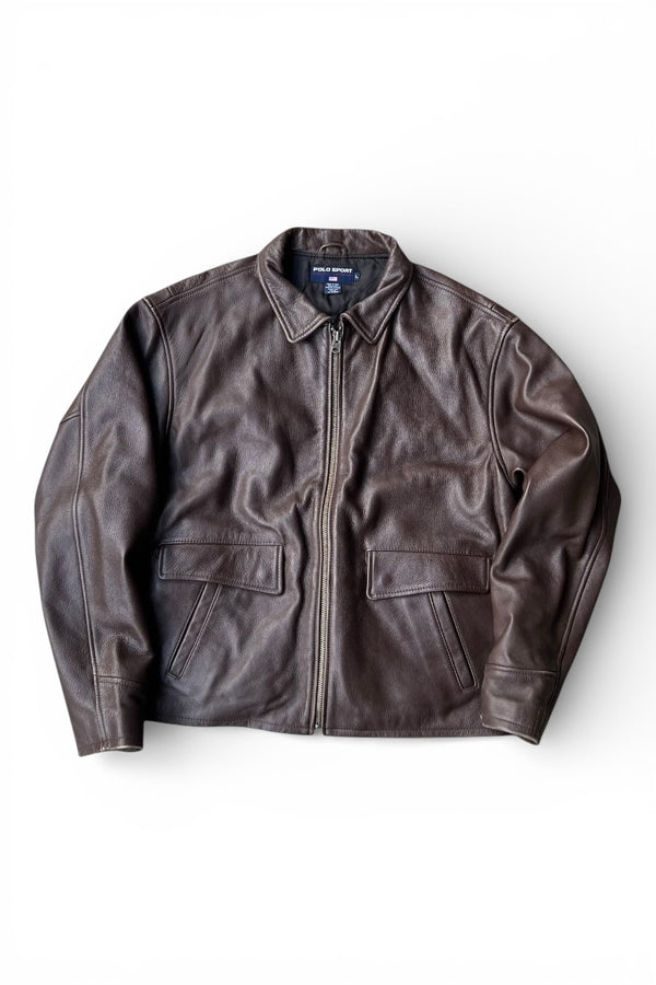 90s ZIP LEATHER JACKET / BROWN [SIZE: L USED]
