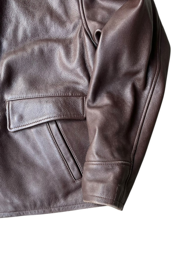 90s ZIP LEATHER JACKET / BROWN [SIZE: L USED]