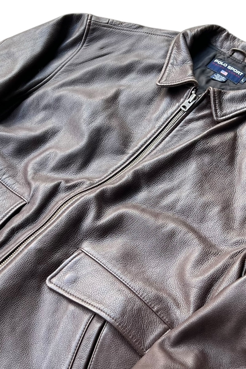 90s ZIP LEATHER JACKET / BROWN [SIZE: L USED]