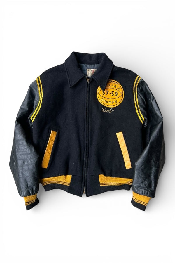 59'S LEATHER WOOL STADIUM JACKET / BLACK [SIZE: M USED]