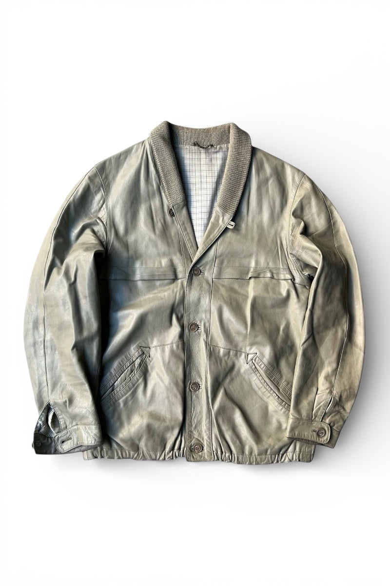 90'S SHAWL COLLAR LEATHER JACKET / GRAY [SIZE: L USED]