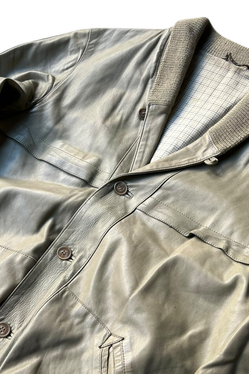 90'S SHAWL COLLAR LEATHER JACKET / GRAY [SIZE: L USED]