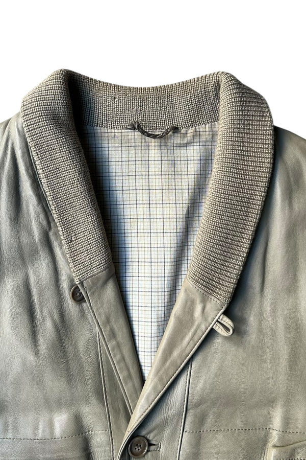 90'S SHAWL COLLAR LEATHER JACKET / GRAY [SIZE: L USED]