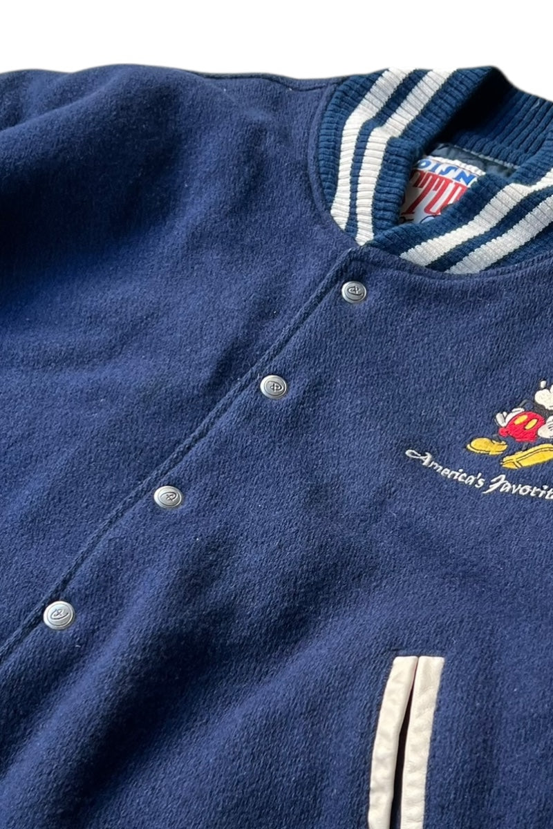 MADE IN USA 90'S MICKEY WOOL LEATHER STADIUM JACKET W/QUILTING LINER / NAVY [SIZE: S USED]