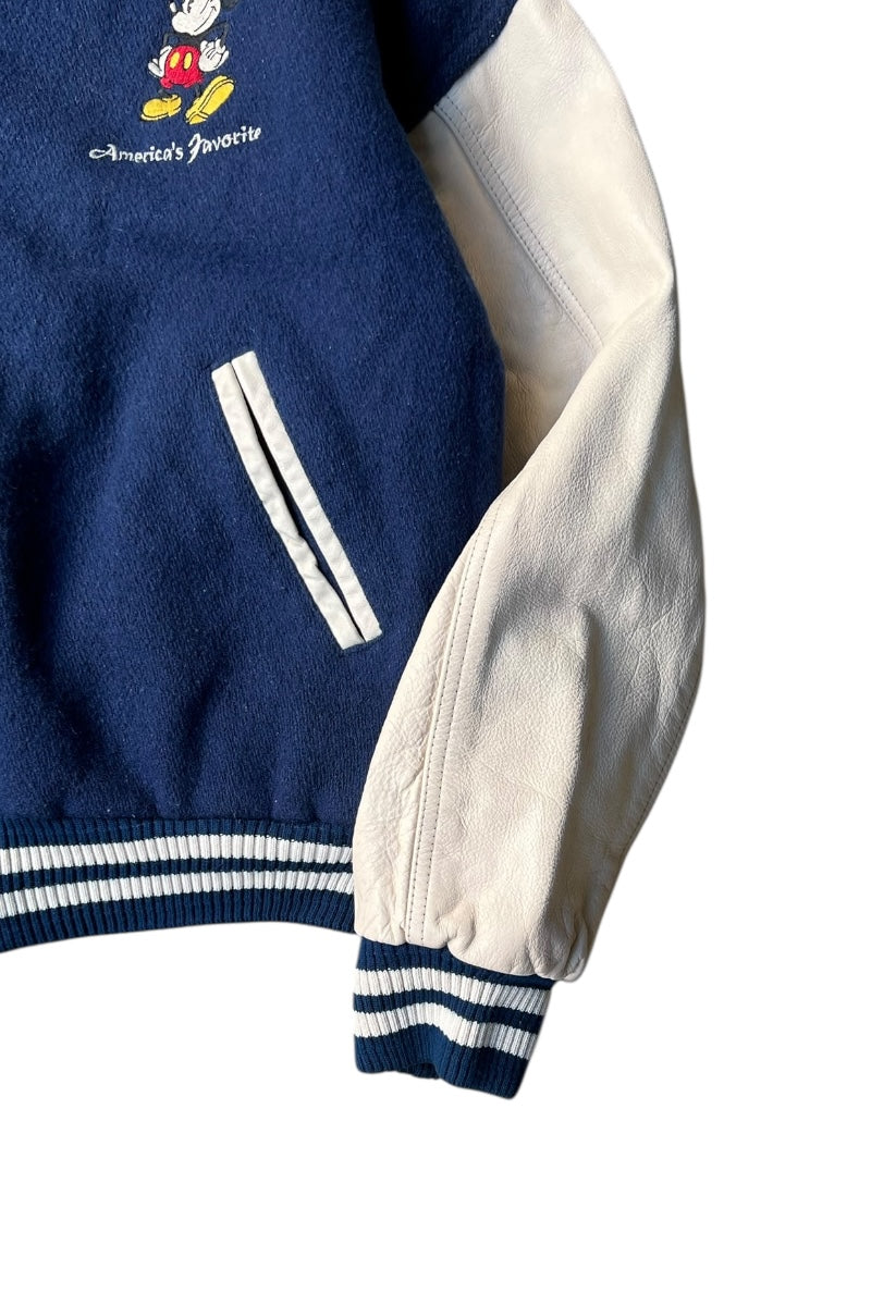 MADE IN USA 90'S MICKEY WOOL LEATHER STADIUM JACKET W/QUILTING LINER / NAVY [SIZE: S USED]