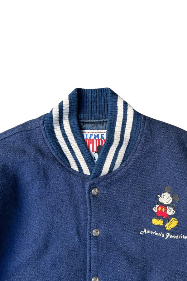 MADE IN USA 90'S MICKEY WOOL LEATHER STADIUM JACKET W/QUILTING LINER / NAVY [SIZE: S USED]