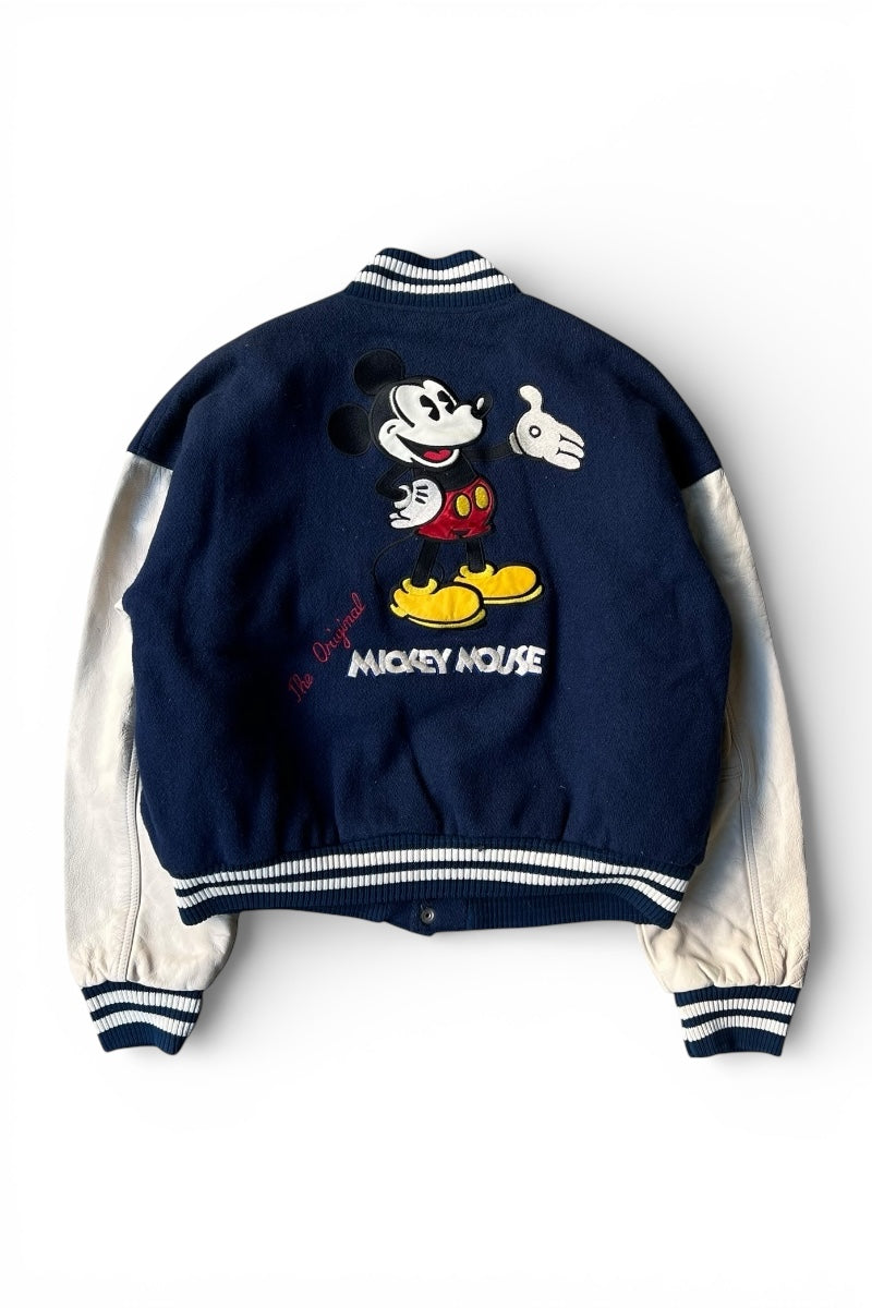 MADE IN USA 90'S MICKEY WOOL LEATHER STADIUM JACKET W/QUILTING LINER / NAVY [SIZE: S USED]