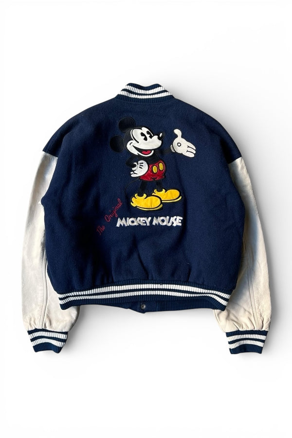 MADE IN USA 90'S MICKEY WOOL LEATHER STADIUM JACKET W/QUILTING LINER / NAVY [SIZE: S USED]