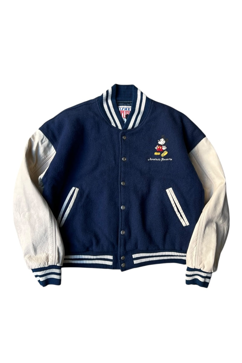 MADE IN USA 90'S MICKEY WOOL LEATHER STADIUM JACKET W/QUILTING LINER / NAVY [SIZE: S USED]
