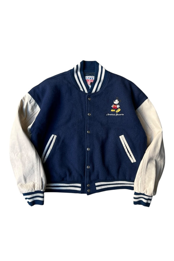 MADE IN USA 90'S MICKEY WOOL LEATHER STADIUM JACKET W/QUILTING LINER / NAVY [SIZE: S USED]