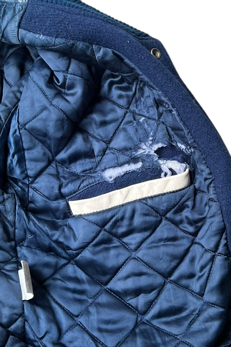 MADE IN USA 90'S MICKEY WOOL LEATHER STADIUM JACKET W/QUILTING LINER / NAVY [SIZE: S USED]
