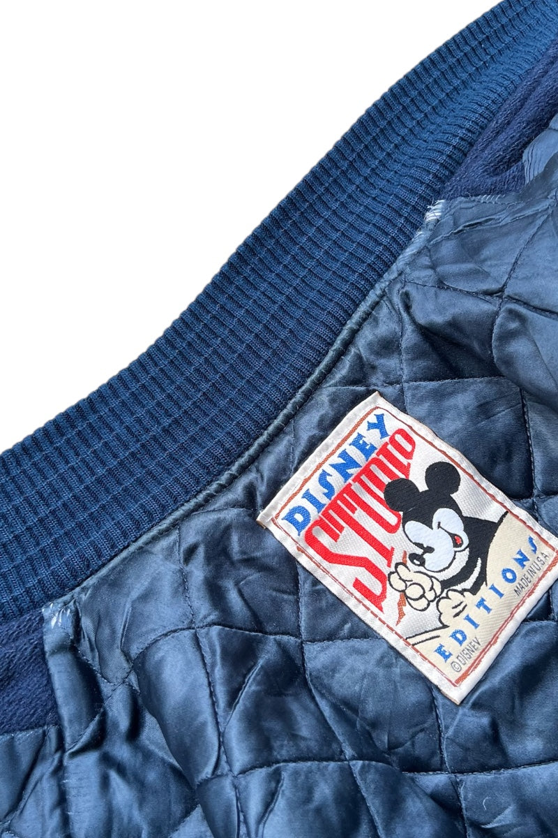 MADE IN USA 90'S MICKEY WOOL LEATHER STADIUM JACKET W/QUILTING LINER / NAVY [SIZE: S USED]