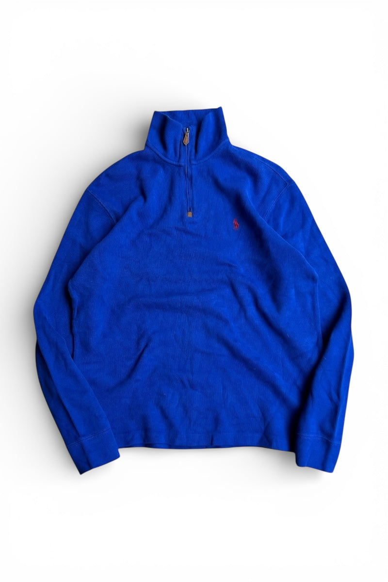 90'S HALF-ZIP COTTON KNIT SWEATER / BLUE [SIZE: M USED]