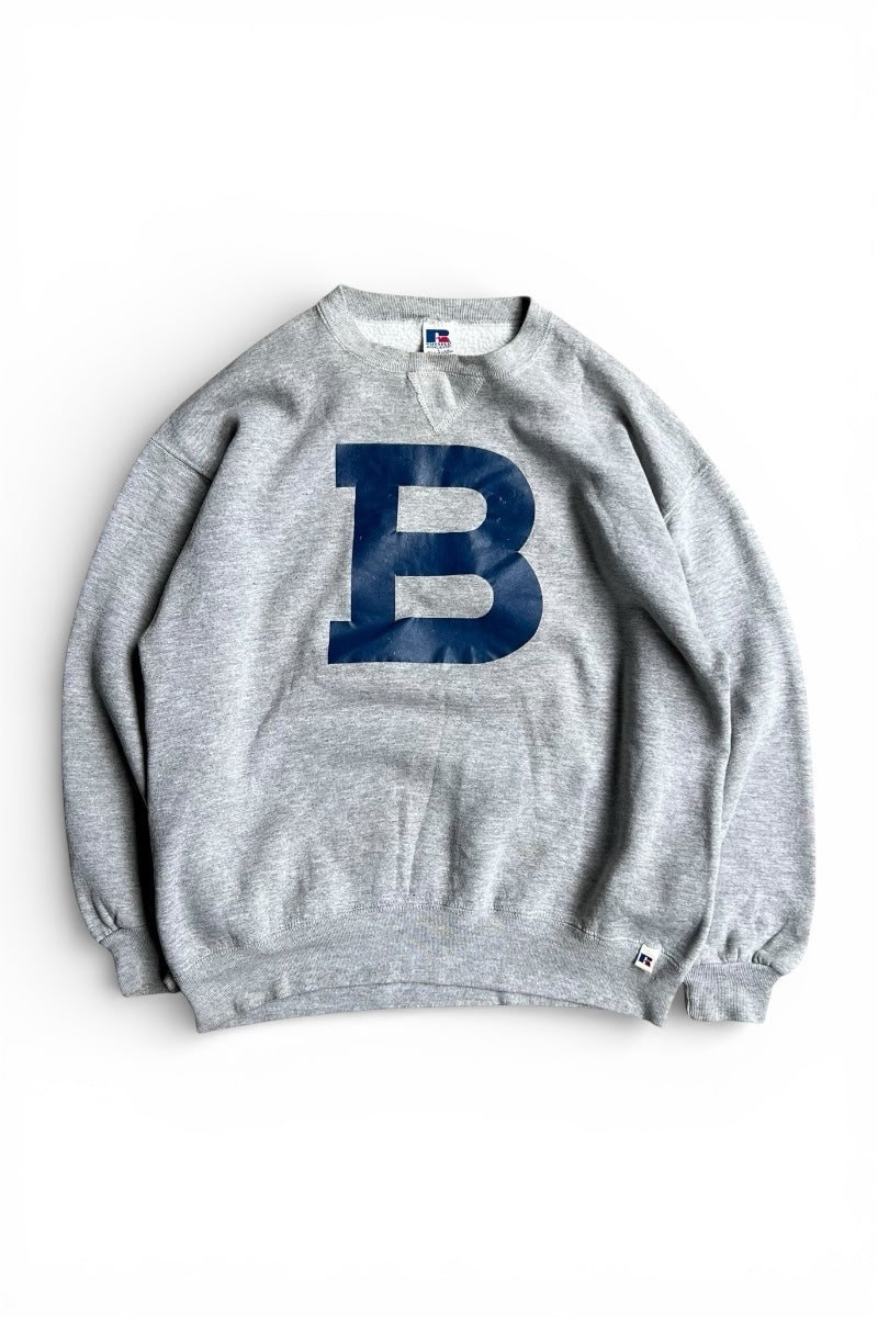MADE IN USA 90'S "B" PRINT SWEATSHIRT / GRAY [SIZE: L USED]