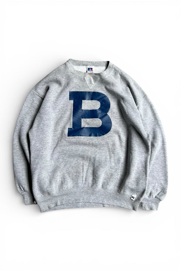 MADE IN USA 90'S "B" PRINT SWEATSHIRT / GRAY [SIZE: L USED]