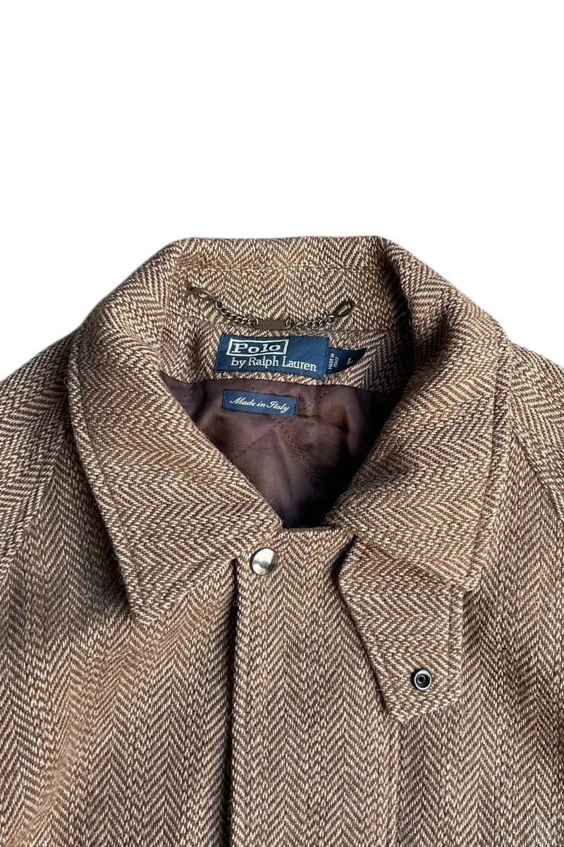 MADE IN ITALY 90'S WOOL ALPACA HERRINGBONE HUNTING COAT / BROWN [SIZE: L USED]