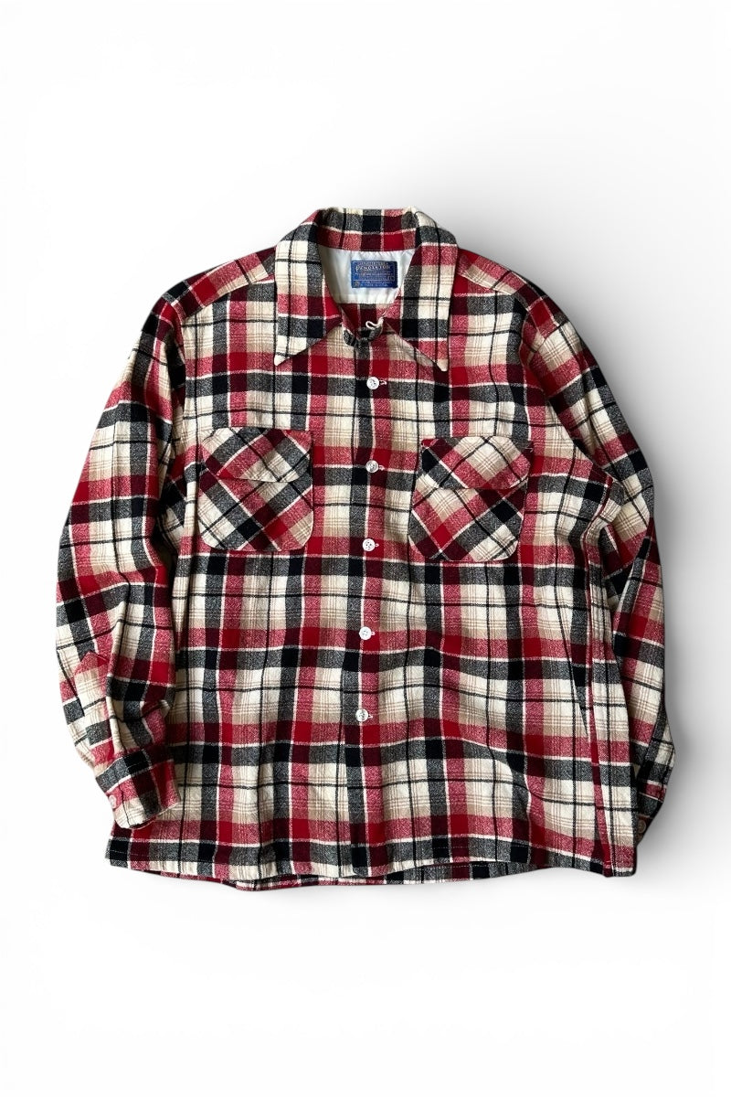 MADE IN USA 70-80'S L/S CHECK WOOL OPEN COLLAR SHIRT / CHECK [SIZE: L USED]