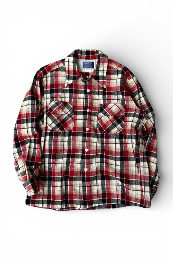 MADE IN USA 70-80'S L/S CHECK WOOL OPEN COLLAR SHIRT / CHECK [SIZE: L USED]