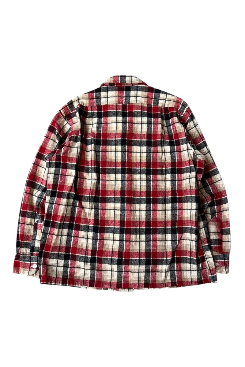 MADE IN USA 70-80'S L/S CHECK WOOL OPEN COLLAR SHIRT / CHECK [SIZE: L USED]