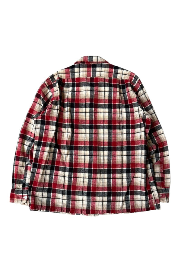 MADE IN USA 70-80'S L/S CHECK WOOL OPEN COLLAR SHIRT / CHECK [SIZE: L USED]