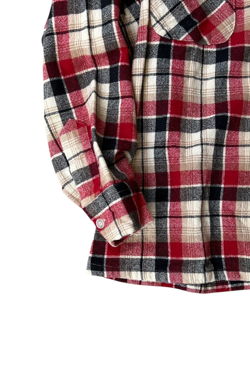 MADE IN USA 70-80'S L/S CHECK WOOL OPEN COLLAR SHIRT / CHECK [SIZE: L USED]