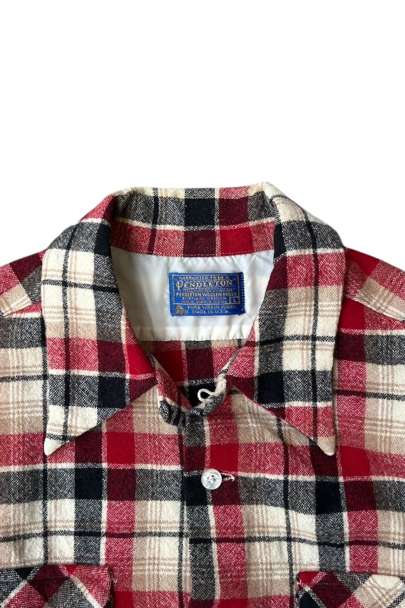 MADE IN USA 70-80'S L/S CHECK WOOL OPEN COLLAR SHIRT / CHECK [SIZE: L USED]
