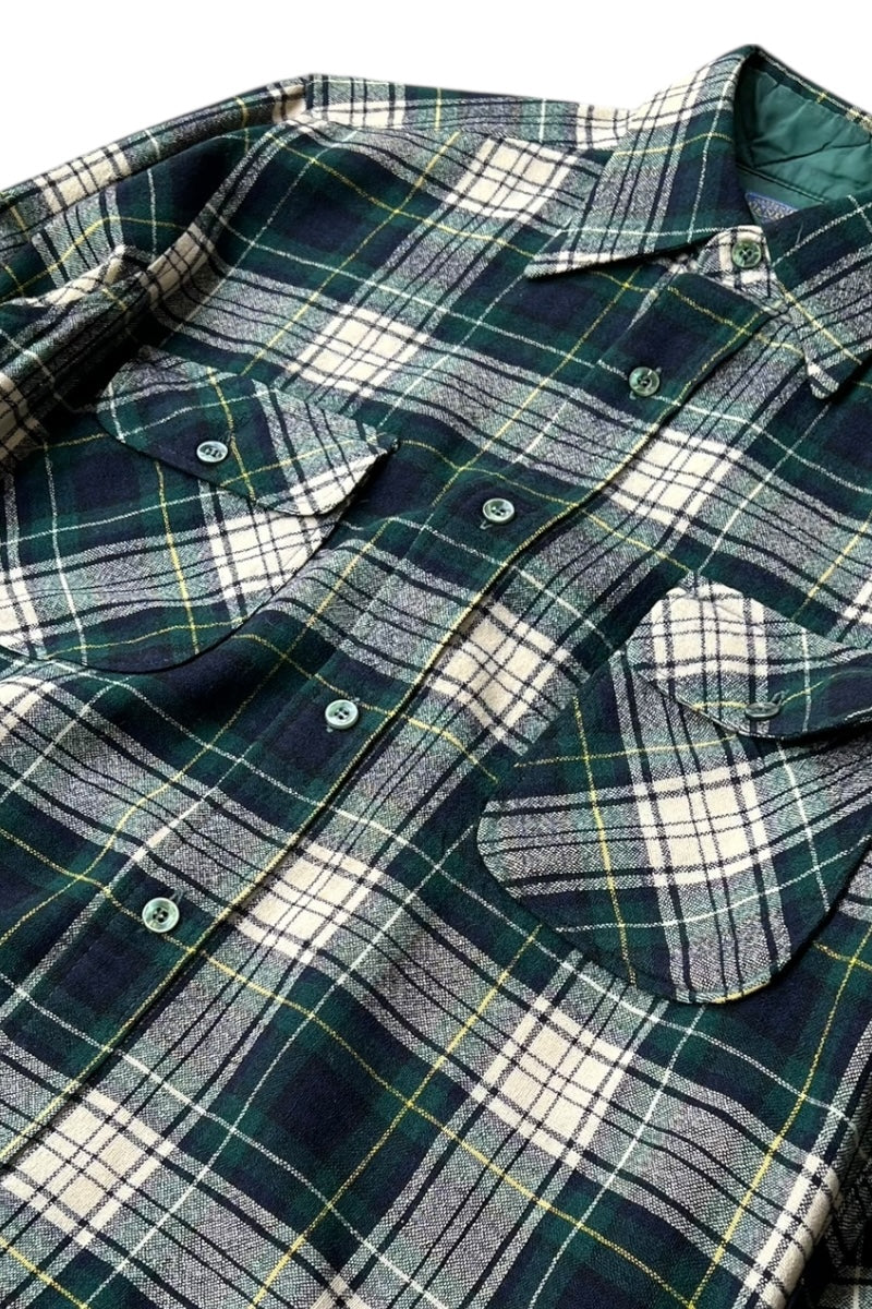 MADE IN USA 70-80'S L/S WOOL CHECK SHIRT / GREEN [SIZE: M USED]