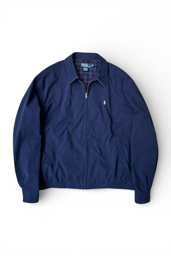 90'S SMOOTH POLYESTER ZIP UP JACKET / NAVY [SIZE: XL USED]