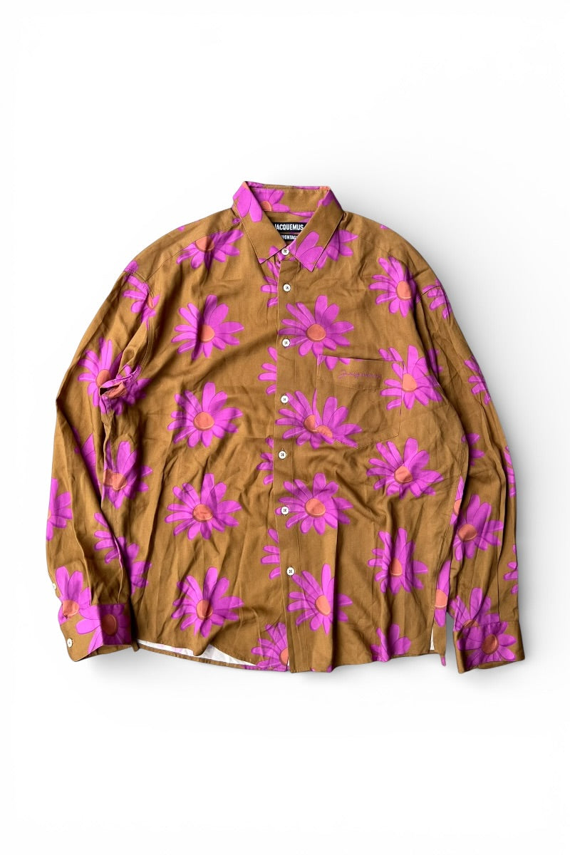 MADE IN PORTUGAL L/S FLOWER VISCOSE SHIRT / BROWN [SIZE: 46 USED]