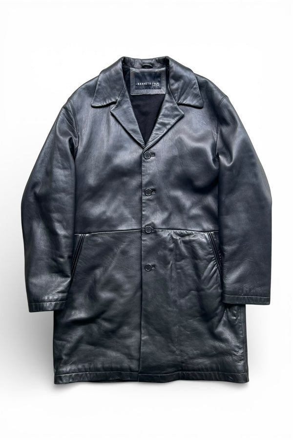 90'S OPEN COLLAR BUTTON LEATHER COAT W/FLEECE LINER / BLACK [SIZE: L USED]