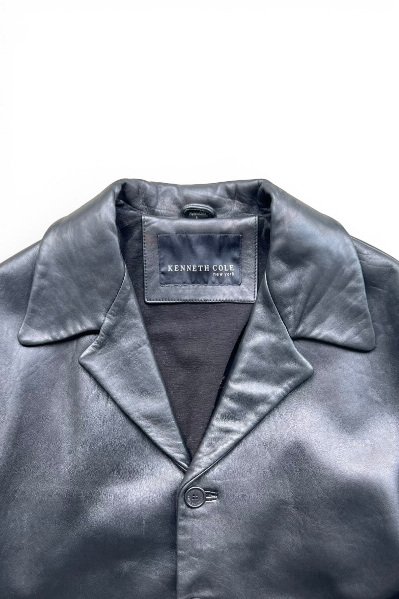 90'S OPEN COLLAR BUTTON LEATHER COAT W/FLEECE LINER / BLACK [SIZE: L USED]