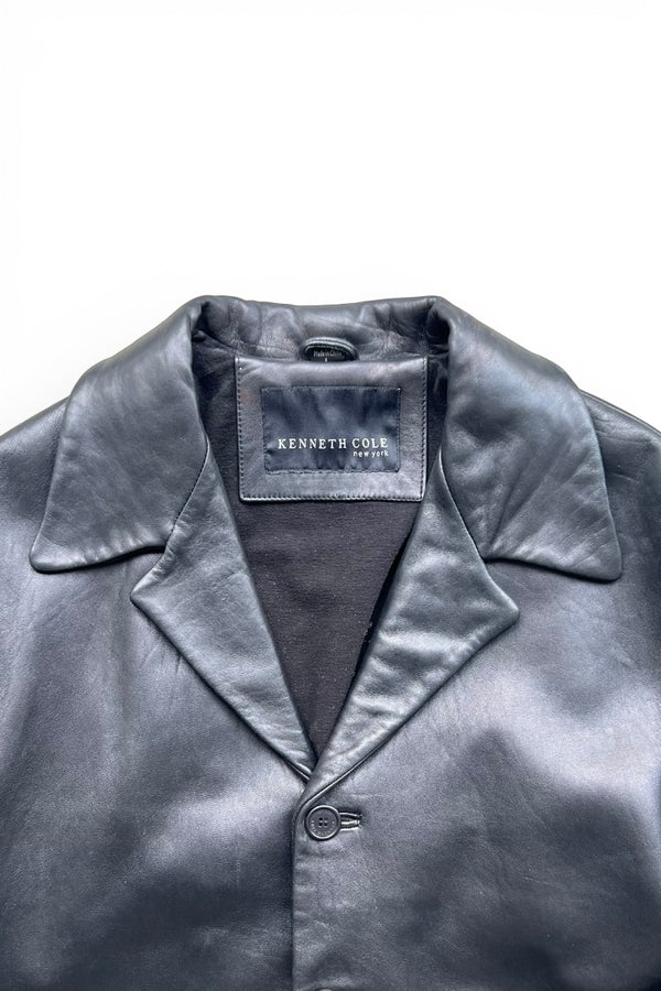 90'S OPEN COLLAR BUTTON LEATHER COAT W/FLEECE LINER / BLACK [SIZE: L USED]