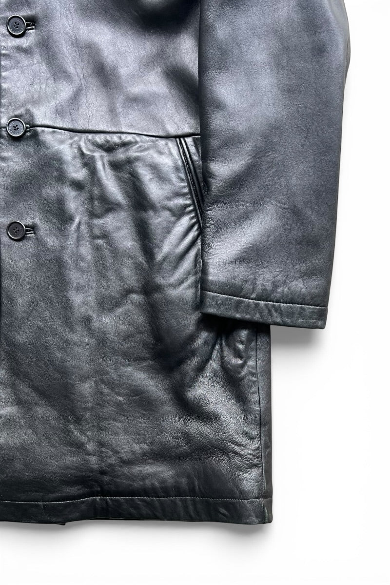 90'S OPEN COLLAR BUTTON LEATHER COAT W/FLEECE LINER / BLACK [SIZE: L USED]