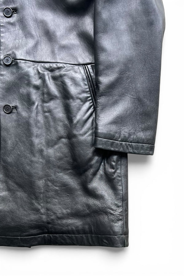 90'S OPEN COLLAR BUTTON LEATHER COAT W/FLEECE LINER / BLACK [SIZE: L USED]