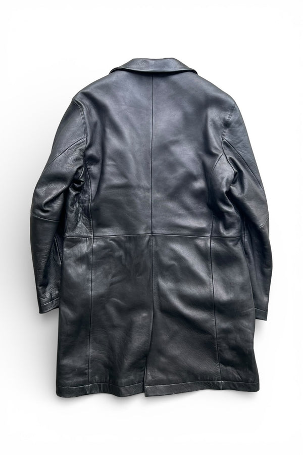90'S OPEN COLLAR BUTTON LEATHER COAT W/FLEECE LINER / BLACK [SIZE: L USED]
